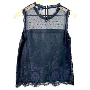 Suzanne Betro Black Lace Dot Mesh Mock Neck Sleeveless Top Womens Size M